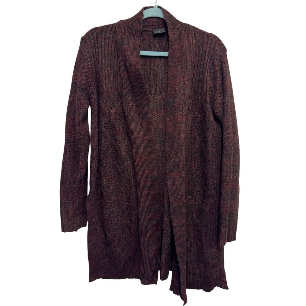 Daytrip Open Front Cardigan Small Burgundy Black Marled Knit Boho Long Cozy